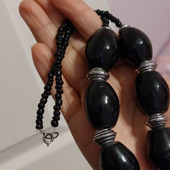 Chunky Black Stones and Tibetan Style Metal Beads Necklace Steampunk Pendant - Picture 6 of 7